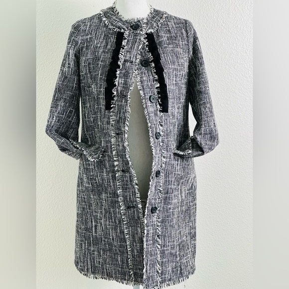 Karl Lagerfeld Paris Monochrome Tweed Fringe Ruffle Coat Size 2 - Picture 6 of 12
